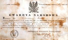 Dokument stwierdzający przyjęcie Pawła Piekarskiego do Gwardii Narodowej podczas Powstania Listopadowego