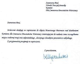 List Rektora UW przyjmujący patronat nad działanimi Komitetu dla Cmentarza Powstańców Warszawy 