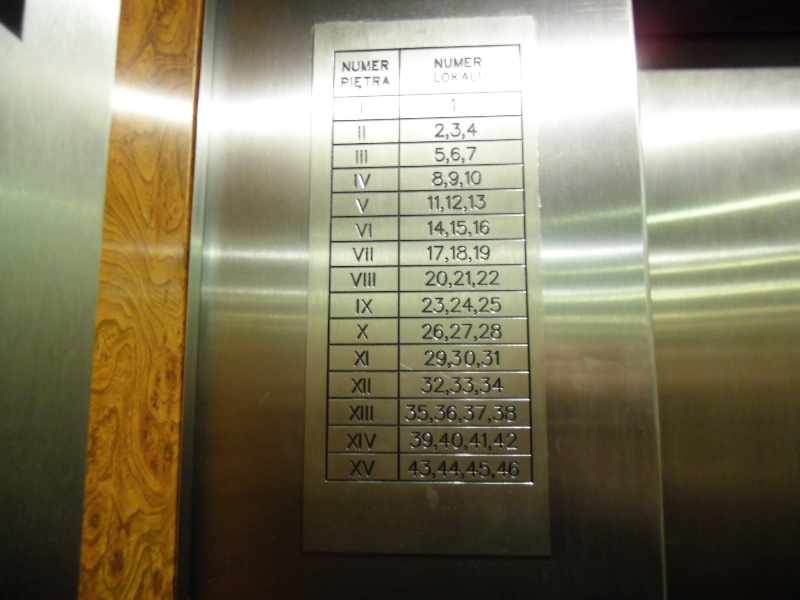 Grawerowana tabliczka pięter i numerów mieszkań przypominająca PKiN