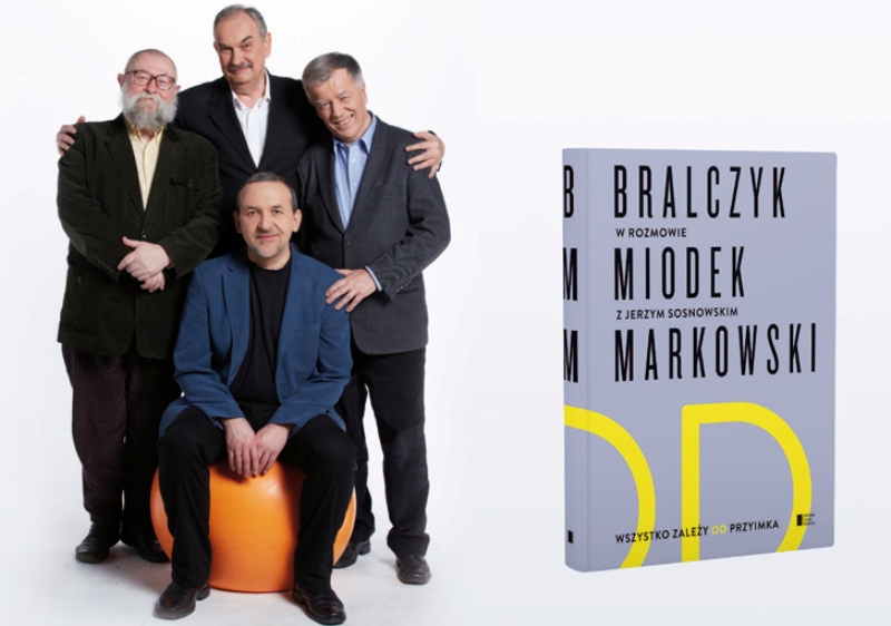 Okładka książki oraz prowesorowie Bralczyk, Markowski i Miodek a także Jerzy Sosnowski 